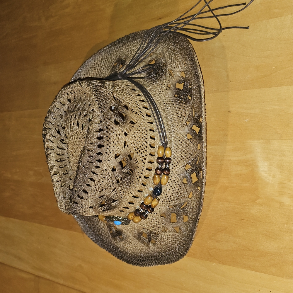 Stylish Brown Woven Hat with Beaded Accent - Picture 3 of 3